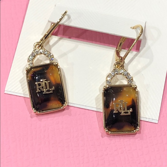 Lauren Ralph Lauren pave tortoiseshell RLL logo drop dangle earrings brand new - Picture 4 of 7